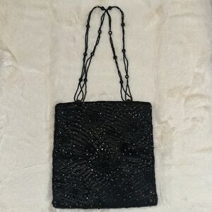 Franchi Vintage Black Pleated Satin Beaded Evening Bag Purse w Beaded Handles